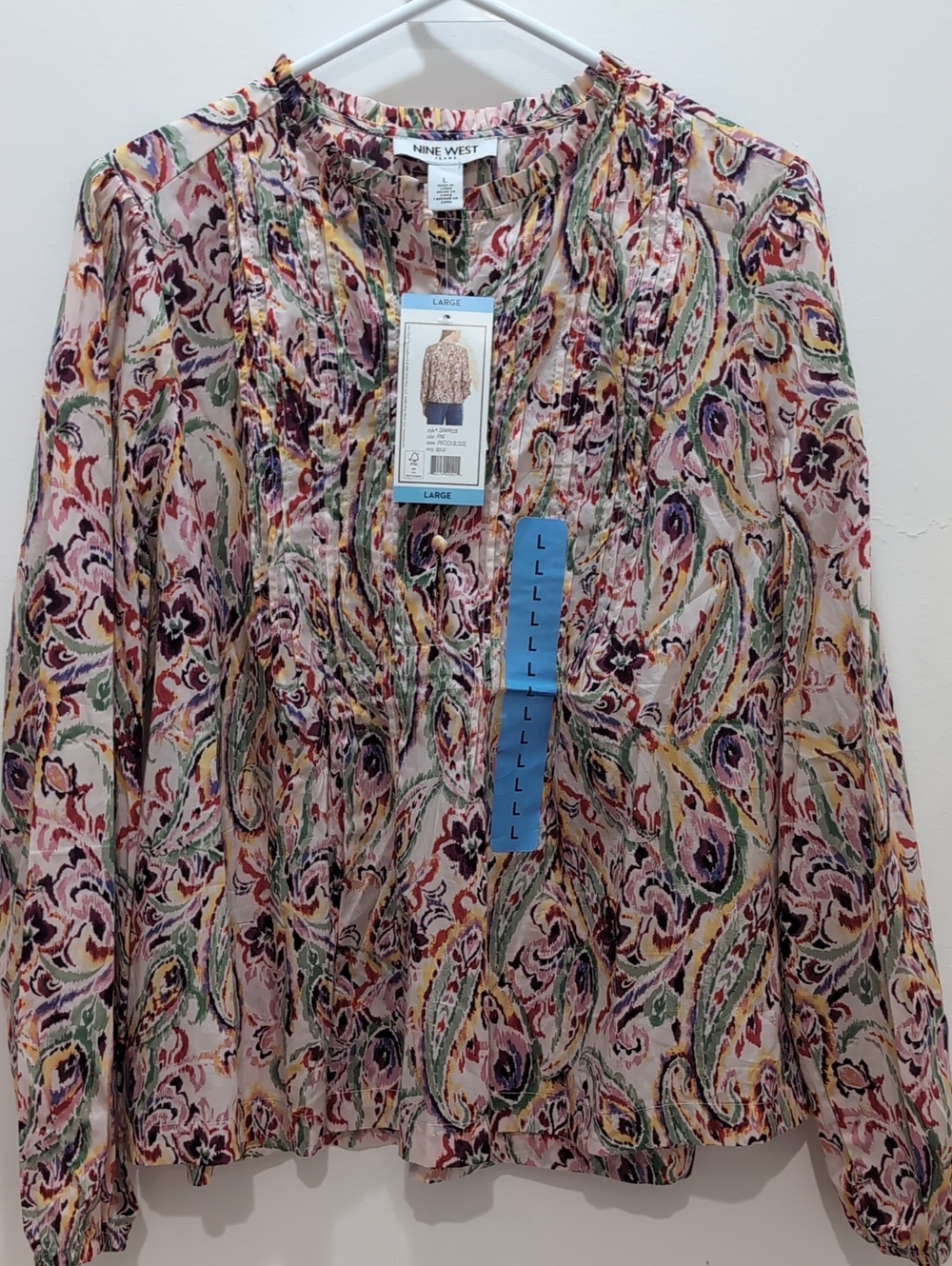 Nine West Pazeley Haze Pintuck Blouse 100% Cotton L Nwt